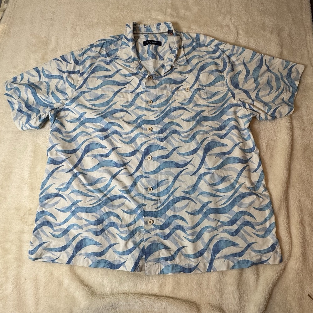 Tommy Bahama 2XB Blue Wave Print Silk Blend Hawaiian Shirt